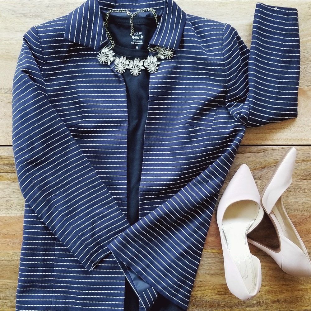 Talbots Petites Striped Open Blazer in Navy Blue